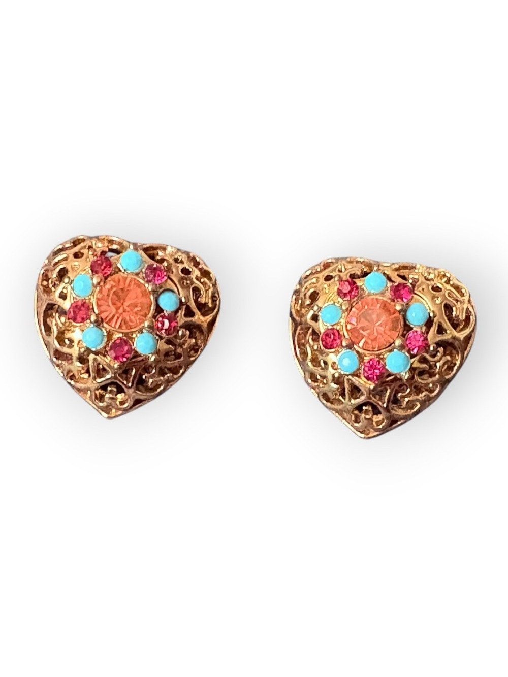 VTG Gold Filigree Heart Pierced Post Earrings Boho